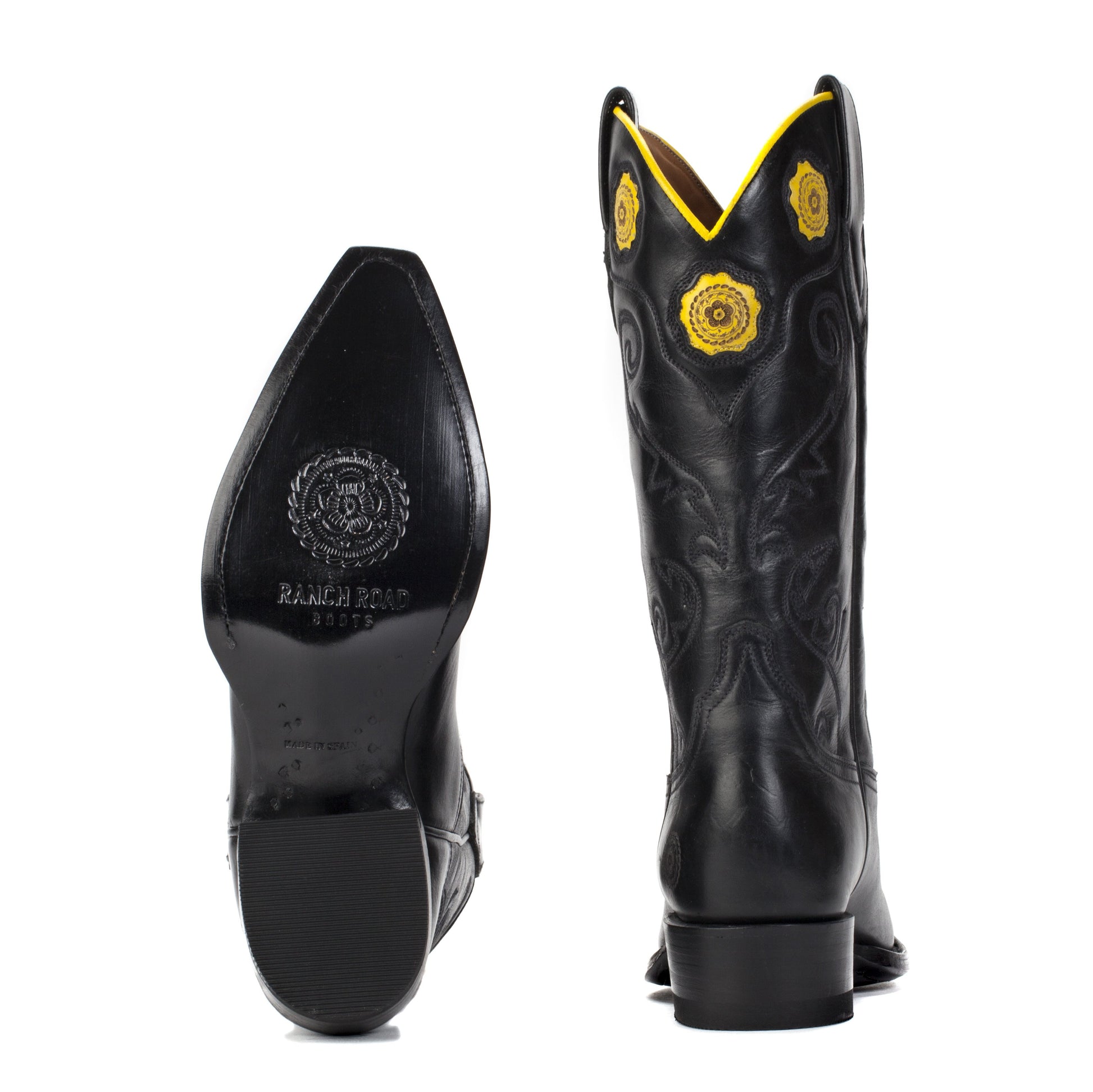 Womens Rosette Black - Handmade Cowgirl Boots - Ranch Road Boots™ Bottom Heel